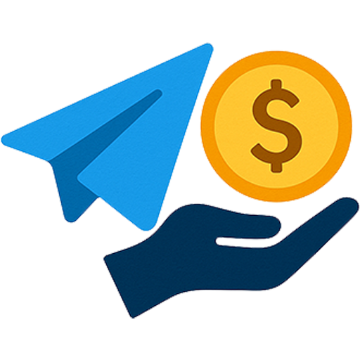 Ilustrasyon ng logo ng Telegram bot na kumikita ng pera, may icon ng barya at digital na kamay